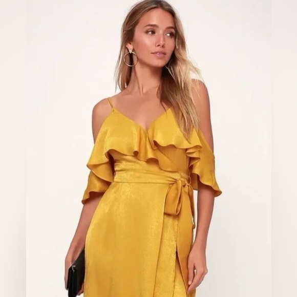Lulu's Mustard Yellow Satin Wrap Off Shoulder Dress Size XL - Picture 2 of 8